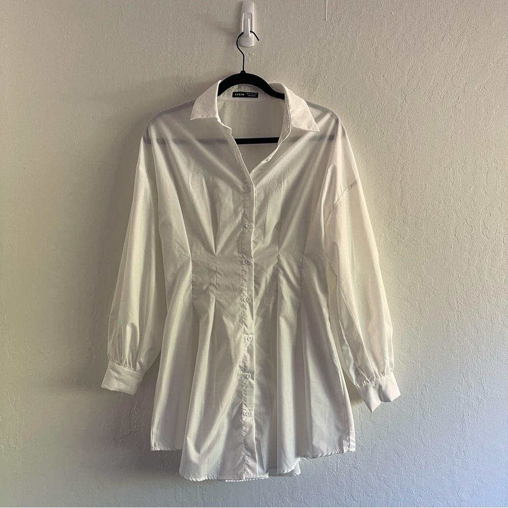 Shein White Oversized Button Up Collared Shirt Dress Sheer Womens Size 2 - Picture 2 of 9